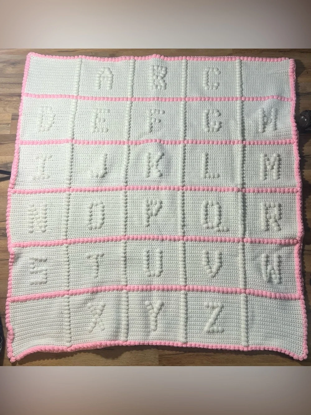 Handmade Alphabet Crochet Baby Blanket in White and Pink